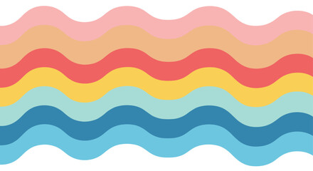 Colorful wavy stripes in retro shades of pink, orange, yellow, and blue create a flowing vibrant abstract background.
