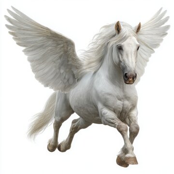 Majestic white pegasus horse with large feathered wings in full flight against a white background