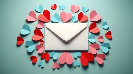 Valentine's day envelope surrounded by colorful heart shapes