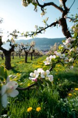 Apple tree blossoms blooming in spring orchard