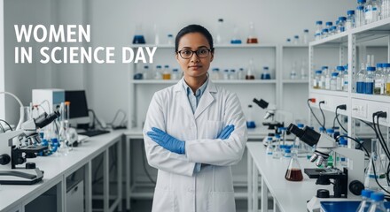 Confident asian woman in lab coat standing in laboratory with arms crossed on women in science day