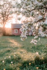 Blossoming apple tree in a springtime cottage garden at sunset