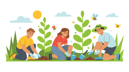 Fototapeta premium A flat, cartoon-style illustration of three people gardening outdoors (3)_traced