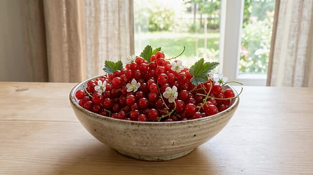 Fresh red currants in bowl, garden background, natural light, fruit bounty red currants berries, bowl, rustic.