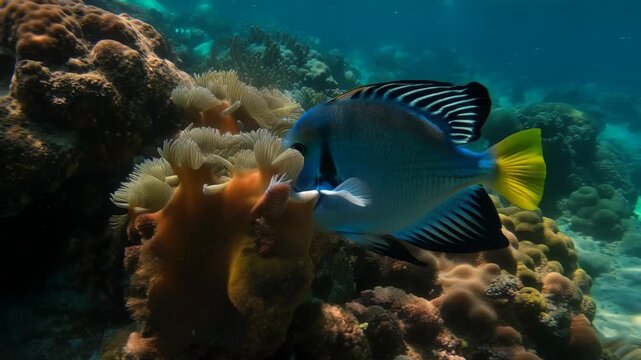 Majestic emperor angelfish exploring vibrant coral reef ecosystem in clear tropical waters