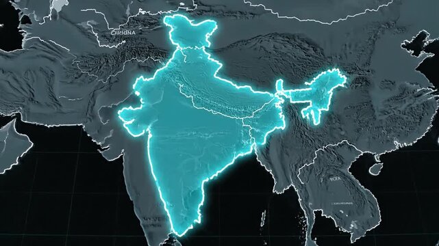 Neon outline of india on a world map concept for visualization
