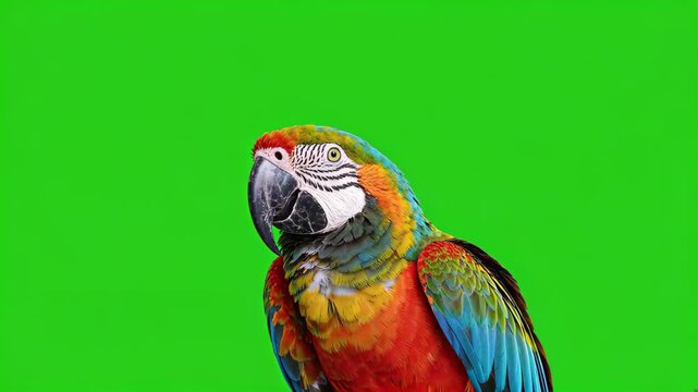 Close-up of the colorful parrot in front of the green screen