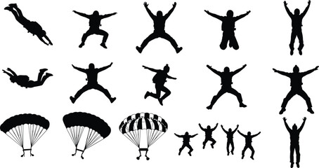 PriSet of skydiver silhouettes featuring freefall poses parachuting figures and tandem jumps for extreme sports adventure skydiving club events and high altitude activity vector designnt © Anu's World