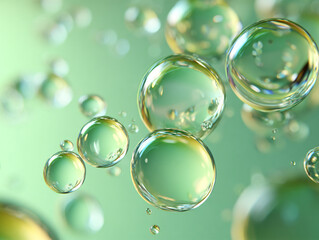Glass Bubbles Floating in Green Liquid, Abstract Background, Macro