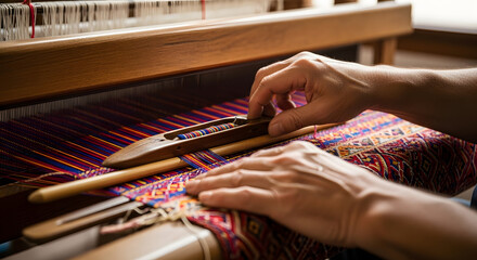 Close-up photo of a craftsman's hands weaving traditional cloth on a wooden loom