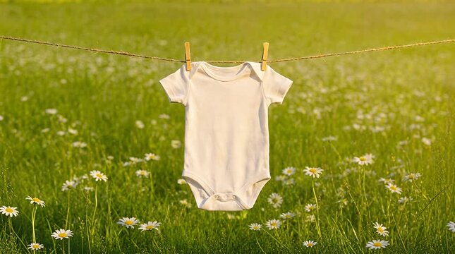 White baby onesie drying on clothesline in sunlit meadow with daisies, nursery preparation, toddler apparel.