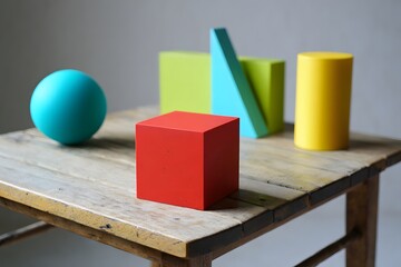 Colorful geometric shapes are arranged on a wooden table against a neutral background
