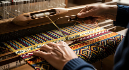 Detail of a weaver's hands working on a traditional loom