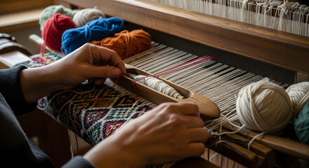 Detail of a weaver's hands working on a traditional loom