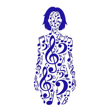 Woman silhouette filled with musical notes and symbols.