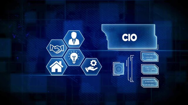 Digital interface with CIO text and abstract icons on a blue grid background technology
