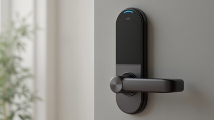 Smart door lock with fingerprint scanner mounted on wooden door. Modern electronic handle close up. Concept of smart home technology