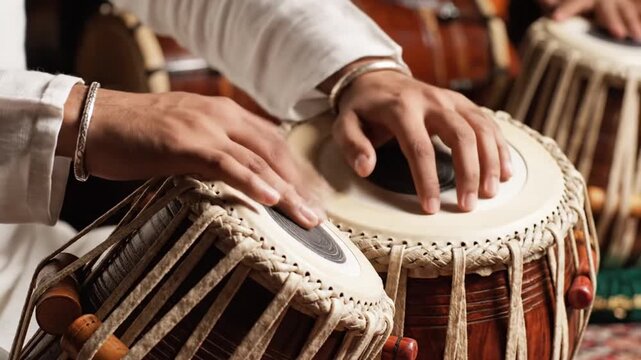 Close up view of hands playing traditional percussion instrument