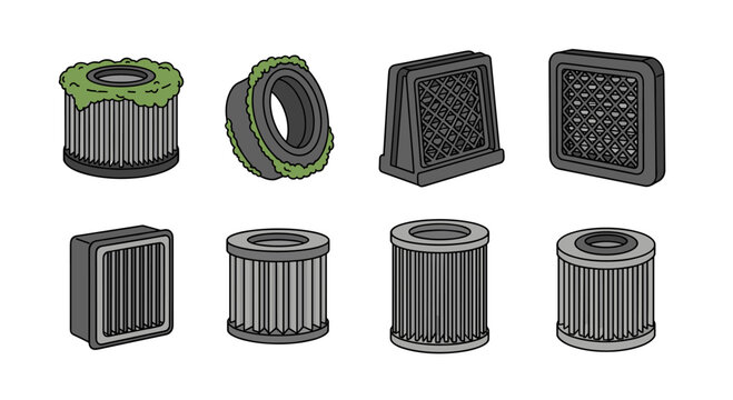 A comprehensive collection of diverse air filters and oil filters, illustrating various designs and conditions for automotive and industrial applications.