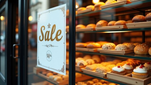 Cartel de venta blanco colgado en el escaparate de una panader&iacute;a, con pan reci&eacute;n horneado, pasteles y vitrinas visibles a trav&eacute;s de paneles de vidrio