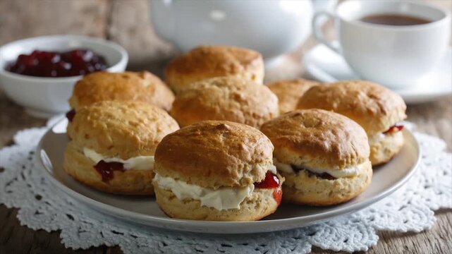 A plate of scones with cream and jam, teacup, teapot, and jam bowl on a lace doily