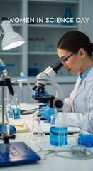 Female scientist examining samples through microscope in laboratory on women in science day
