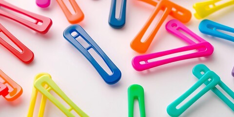 Obraz premium Close-up of colorful hair clips arranged on a white background, styling, pastel