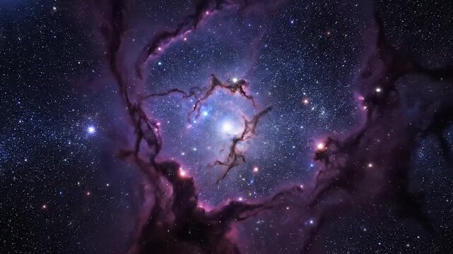 A cosmic scene, nebulas of purple and black frame a bright, central starfield, speckled with stars