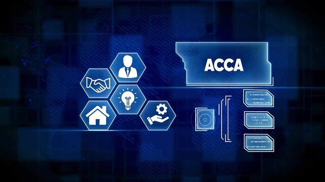 Digital abstract interface with ACA certification icons and data streams ACCA accounting