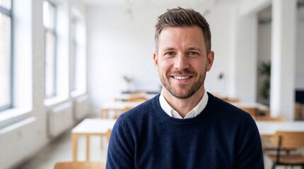 Obraz premium Portrait of Happy Caucasian Man Smiling in Modern Bright Office Workspace