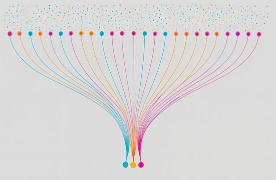 Creative conceptual illustration featuring a wide array of multi-colour dots funnelling into a series of thin flowing lines that converge into three distinct blue yellow and pink points