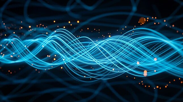 Abstract glowing blue energy lines with particles flowing motion background, network abstract footage.