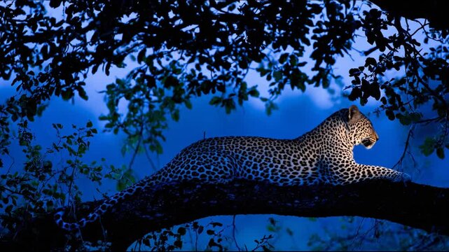 A leopard rests on a tree branch, under a canopy of leaves, in a vibrant blue dusk