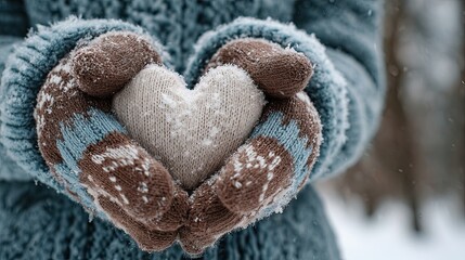 Women's hands in gloves with a snow heart on a winter day.
