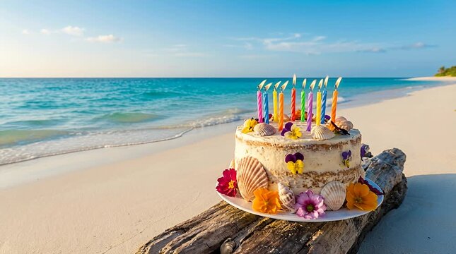 Tropical beach birthday cake with lit candles and seashells ocean view celebration beach birthday, dessert.