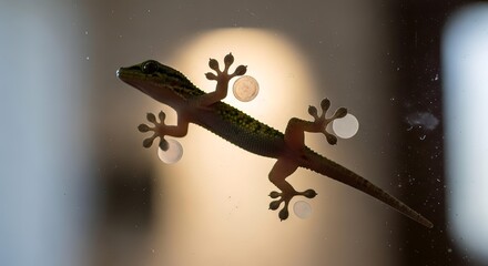 Small green lizard on a window with blurred indoor background