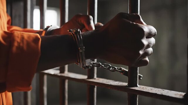 Prisoner in orange jumpsuit handcuffed behind bars, close-up on hands