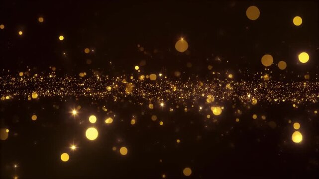 Glowing golden particles floating against a dark background, creating a magical ambiance, ideal for overlay or background use