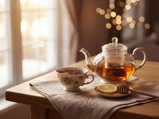Fototapeta premium Glass teapot with herbal tea cup lemon and honey dipper on table in cozy home interior with warm bokeh lights