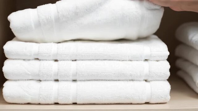 Woman taking a clean white towel from a stack on a shelf. Hand grabbing fresh linen in a bathroom or hotel closet