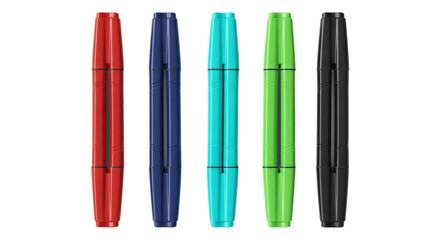 Colorful pens in red, blue, cyan, green, and black isolated on transparent background