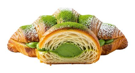 Delicious matcha green tea croissants with powdered sugar on top isolated on transparent background