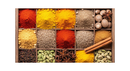 Assorted spices and herbs in a wooden compartment box isolated on transparent background
