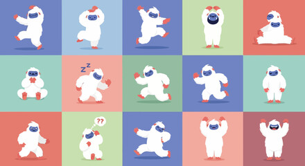 Obraz premium Cartoon yeti characters in various poses on colorful backgrounds.