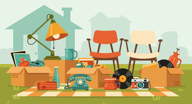 Assorted household items and furniture laid out on a lawn for a yard sale or disposal.