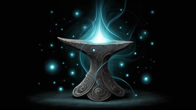 A stylized anvil with flowing light and glowing orbs against a deep black background