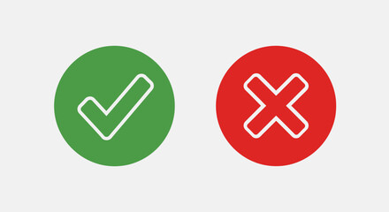 Obraz premium Green checkmark and red cross icons on white background.