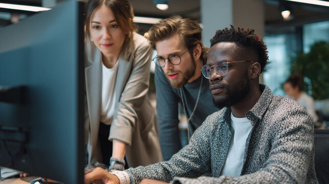 Three colleagues are gathered around a computer in a modern office setting looking at data