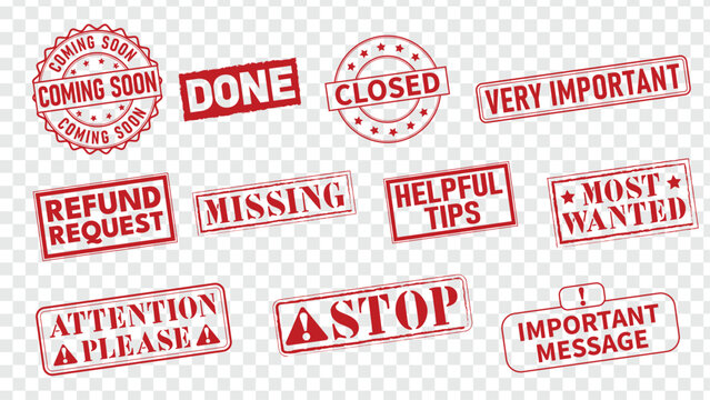 Red grunge rubber stamp icons for business communication: coming soon, done, closed, very important, refund request, missing, helpful tips, most wanted, attention, stop, important message.