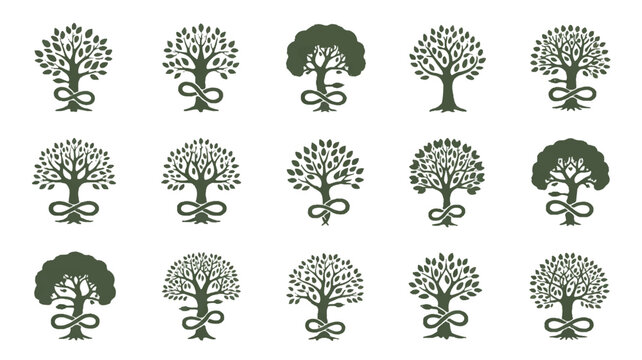 A set of 12 minimalist tree logos arranged in a 3x4 grid, all in a deep forest green color against a white background (1)_traced